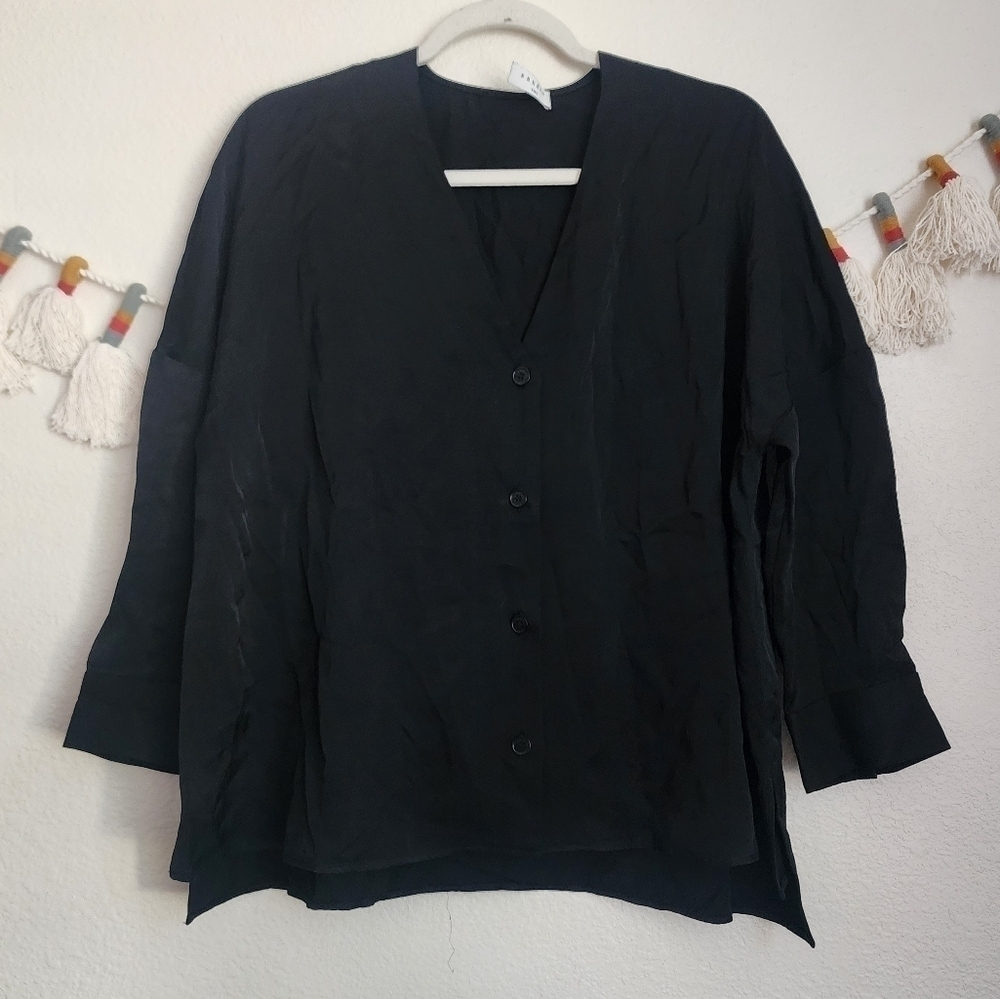 Sandro Black Button Down Boxy Silky Top Business Minimalist Feminine Dainty 4